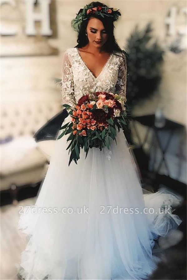 Elegant  V-Neck Applique Wedding Dresses UK Sheer Cheap Longsleeves Floral Bridal Gowns