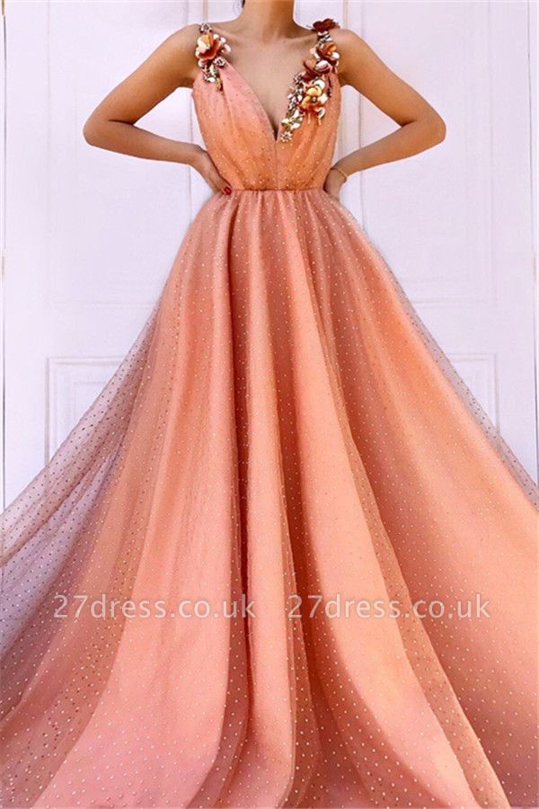 Orange Floral Lace Appliques Straps Sleeveless Tulle A-Line Prom Dress UK