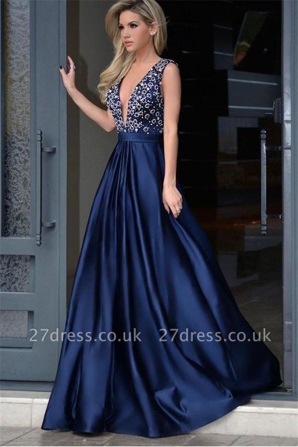 Sexy Crystal Elegant V-Neck Lace Appliques Prom Dress UKes UK Ribbon Sleeveless Evening Dress UKes UK
