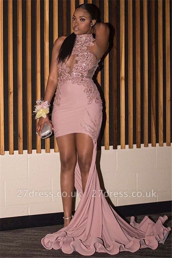 New Arrival Sexy Pink High-Neck Lace Appliques without Sleeve Elegant Mermaid Evening Dress UK UK
