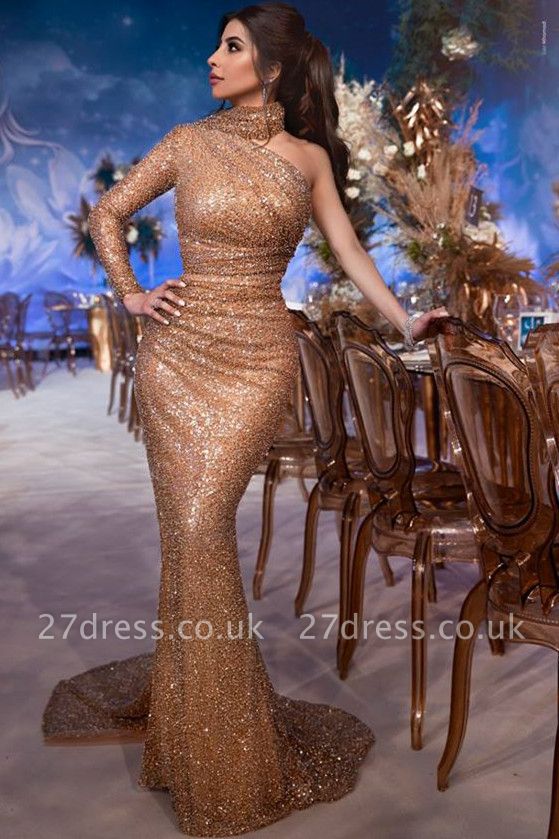 Gorgeous Hign-Neck Asymmetric Sequins Elegant Mermaid Evening Dress UK UK