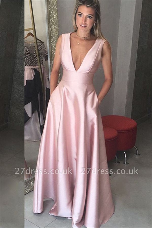 Sexy Elegant V-Neck Ruffles Sash Prom Dress UKes UK Sleeveless Elegant Evening Dress UKes UK with Pocket Sexy