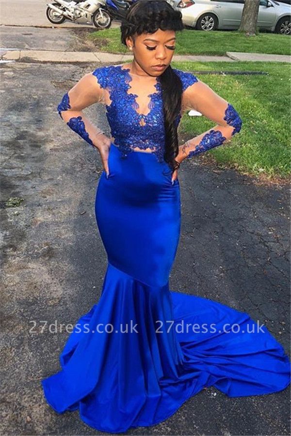 Royal Blue with Sleeves Lace Appliques Sheer Tulle Elegant Mermaid Evening Dress UK UK