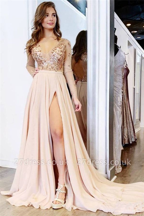 Sexy Sequin Elegant V-Neck Lace Appliques Crystal Prom Dress UKes UK Side slit Longsleeves Evening Dress UKes UK