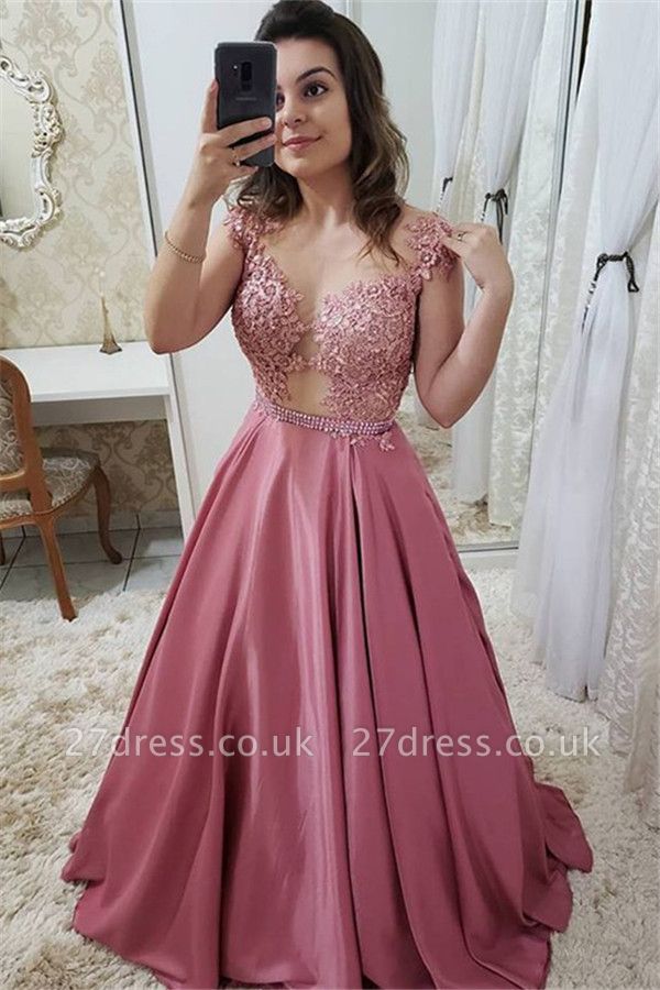 Romactic Pink Off-the-Shoulder Applique Prom Dress UKes UK Sleeveless Elegant Evening Dress UKes UK with Crystal
