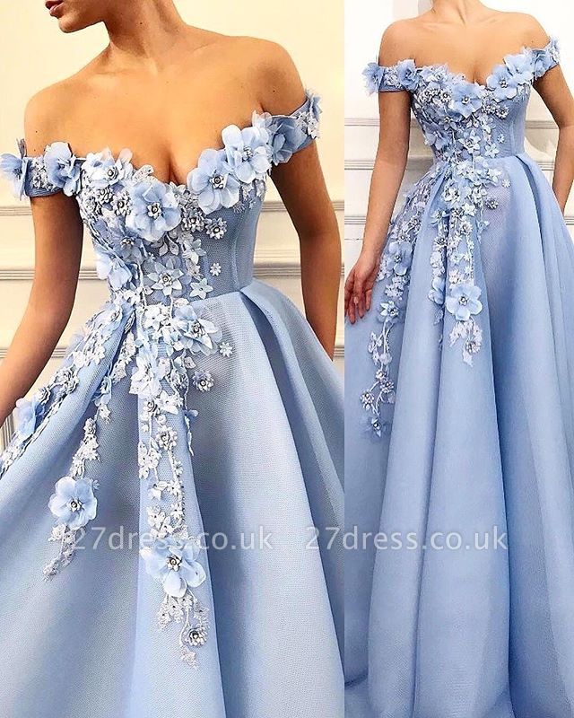 Simple Off-The-Shoulder Flower Lace Appliques without Sleeve A-Line Prom Dress UK