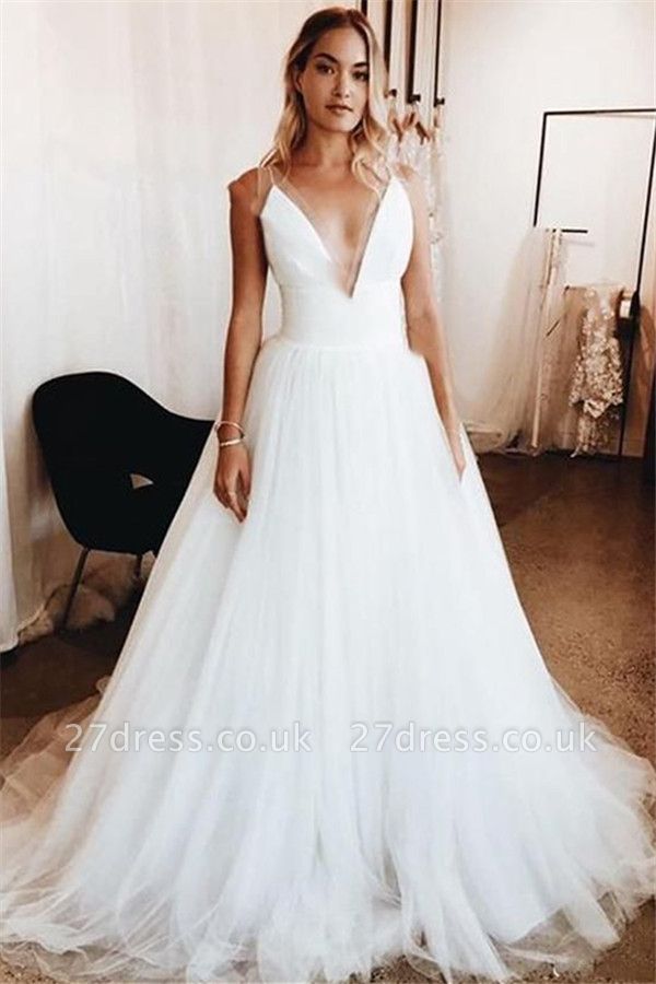 Elegant V-Neck Applique Wedding Dresses UK Sheer Sleeveless Floral Bridal Gowns