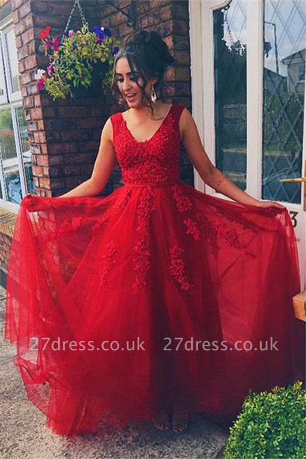 Red Jewel Lace Appliques Sleeveless Prom Dress UKes UK Tulle Evening Dress UKes UK with Beads