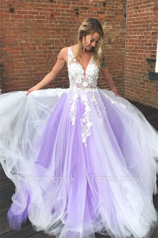 Lace Appliques Elegant V-Neck Prom Dress UKes UK Sheer Sleeveless Evening Dress UKes UK