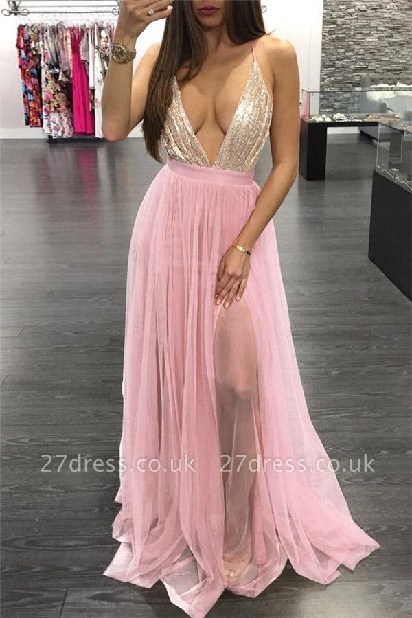 Sexy Sequins Halter Lace Appliques Prom Dress UKes UK Lace-Up Side slit Sleeveless Evening Dress UKes UK