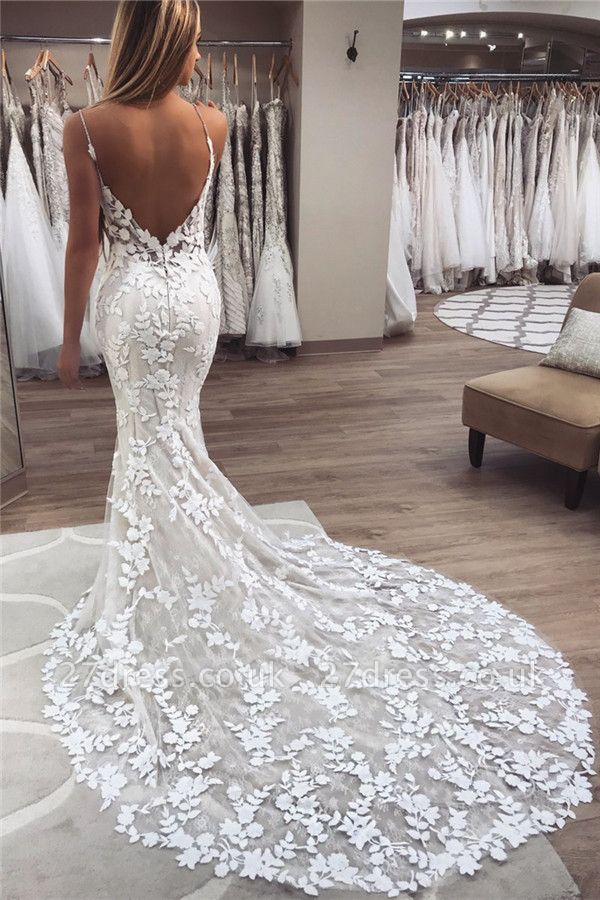 Applique Spaghetti-Strap Wedding Dresses UK Backless Sexy Mermaid Sleeveless Floral Bridal Gowns