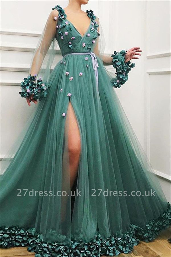 Amazing Green with Sleeves Tulle Side-Split A-Line Prom Dress UK UK