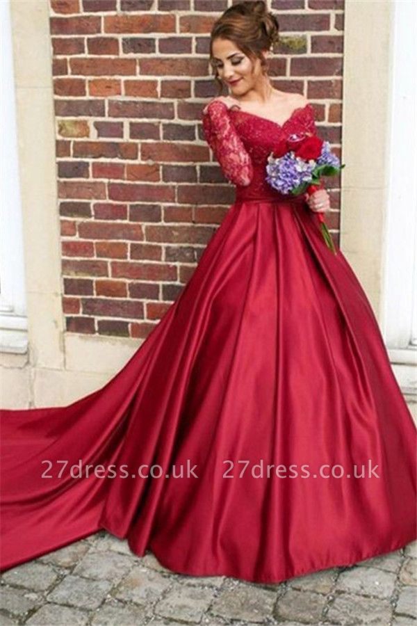 Red Lace Off-the-Shoulder Prom Dress UKes UK Long Sleeves Ball Gown Evening Dress UKes UK