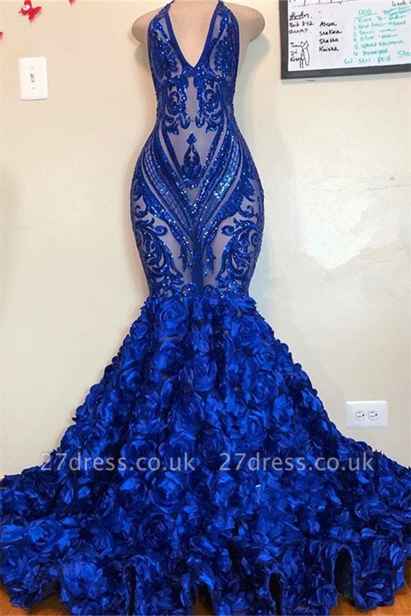 Alluring V-Neck Halter Sequins Pattern Floral Sweep Train Prom Dress UK UKes UK
