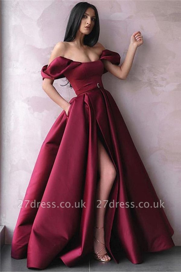 Trendy Burgundy Maroon Off-The-Shoulder Side-Split Princess A-Line Prom Dress UK UK