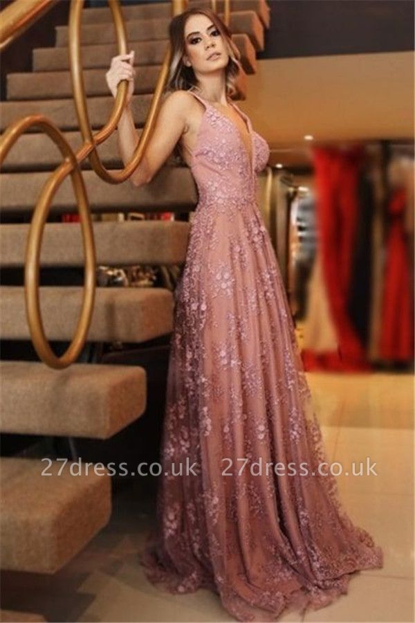 Sexy Pink Lace Appliques Elegant V-Neck Prom Dress UKes UK Backless Sleeveless Evening Dress UKes UK