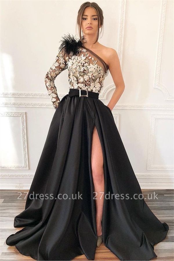 Elegant Blcak Asymmetric Side-Slit Feather Lace Applique Prom Dress UK