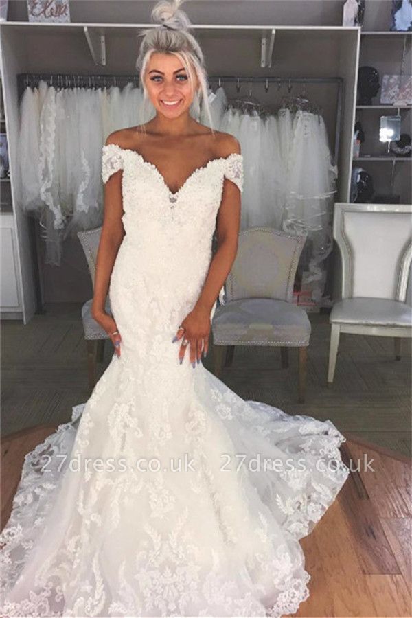 Elegant Appliques Off-the-Shoulder Wedding Dresses UK | Sheer Sleeveless Floral Bridal Gowns