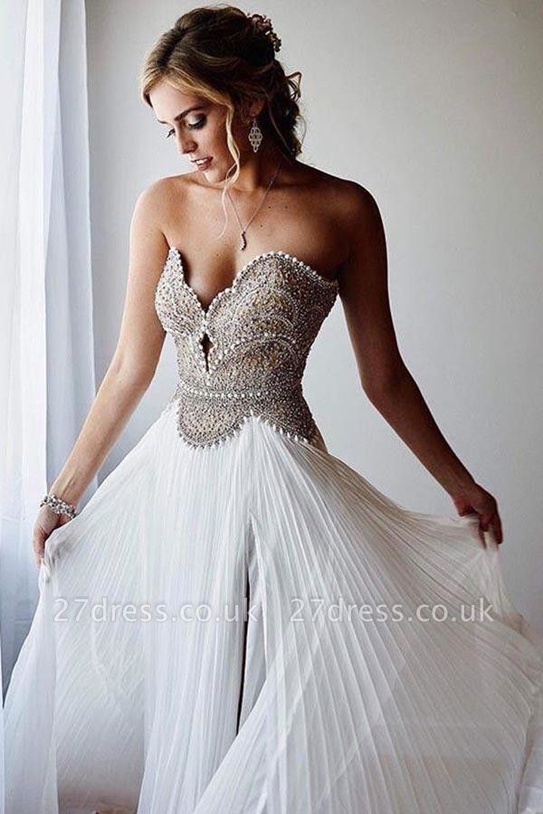 Sexy Beads Sweetheart Pearls Lace Appliques Prom Dress UKes UK Side slit Sleeveless Evening Dress UKes UK