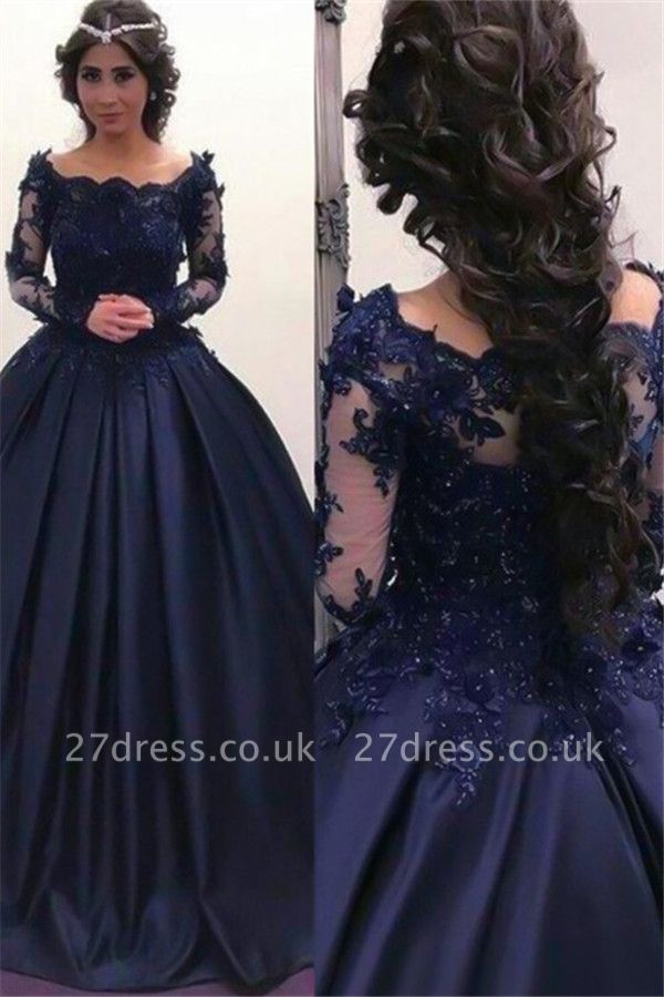 Lace Lace Appliques Bateau Long Sleeves Prom Dress UKes UK Ball Gown Evening Dress UKes UK with Beads
