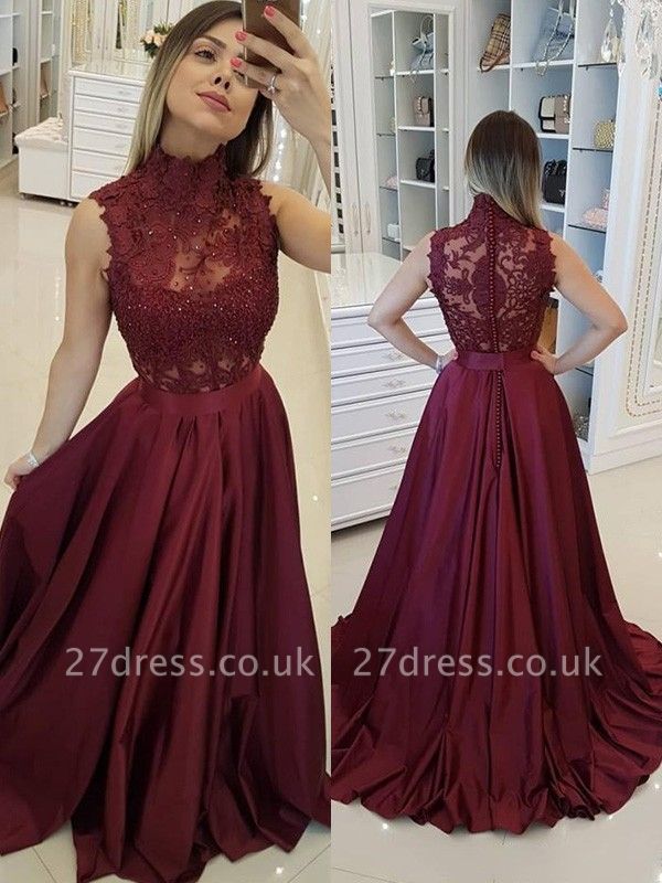 Burgundy High Neck Applique Prom Dress UKes UK Sleeveless Beads Elegant Evening Dress UKes UK with Sash
