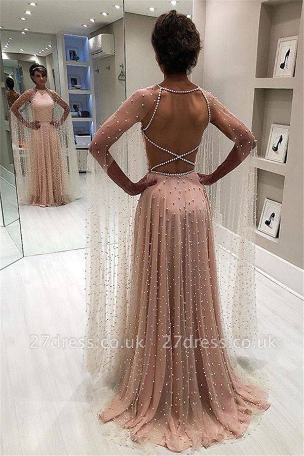 Simple Sexy Pink Sheer-Tulle Open back Beading A-Line Prom Dress UK UK