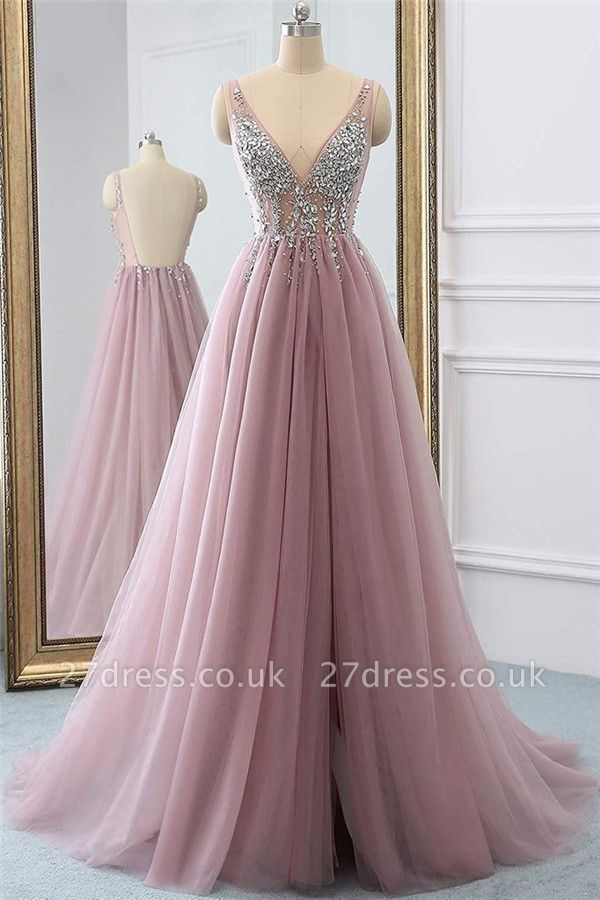 Pink Elegant V-Neck Lace Appliques Crystal Prom Dress UKes UK Sheer Side slit Backless Sleeveless Evening Dress UKes UK