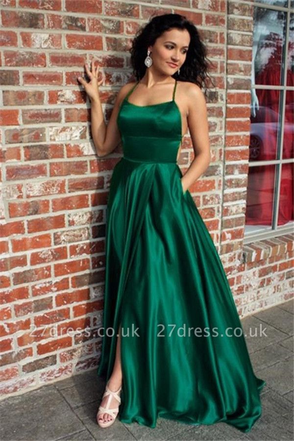 Green Lace Up Halter Prom Dress UKes UK Front Slit Sexy Evening Dress UKes UK with Package