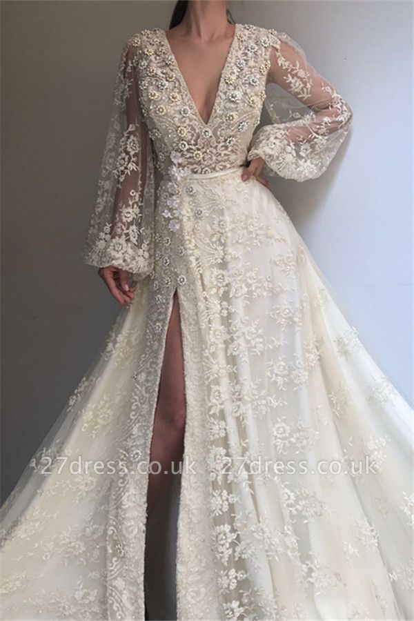 Chic V-Neck Side Slit Long Sleeve Evening Dresses | Lace Applique A-line Prom Dress UK