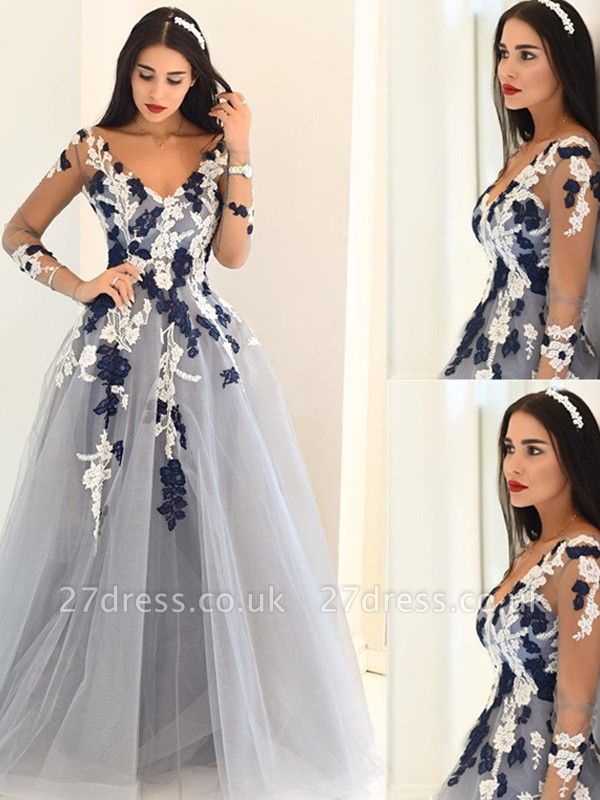 Sexy Off-the-Shoulder Lace Appliques Prom Dress UKes UKSimple Long Sleeves Evening Dress UKes UK