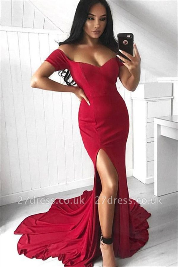 Red Off-the-Shoulder Prom Dress UKes UK Mermaid Sleeveless Side Slit Elegant Evening Dress UKes UK