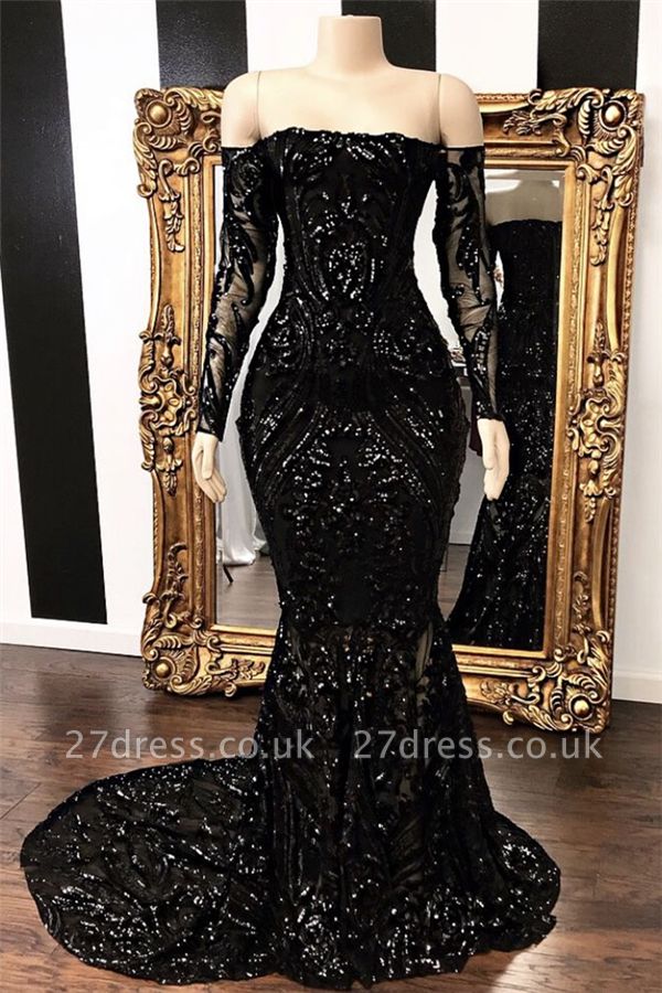 Off-the-shoulder Long Sleeves Elegant Mermaid Sweep Train Prom Dress UK UKes UK