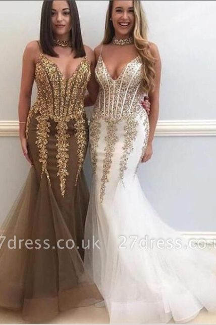 Sweetheart Spaghetti Golden Lace Appliques Tulle Elegant Mermaid Prom Dress UK UKes UK