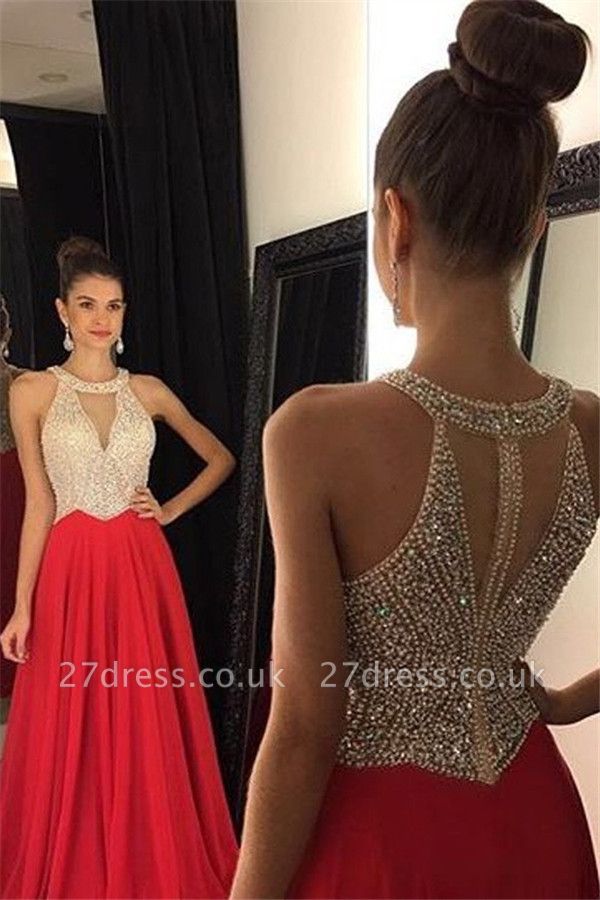 Red Sequins Crystal Halter Prom Dress UKes UK sleeveless Halter Elegant Evening Dress UKes UKsses with Beads