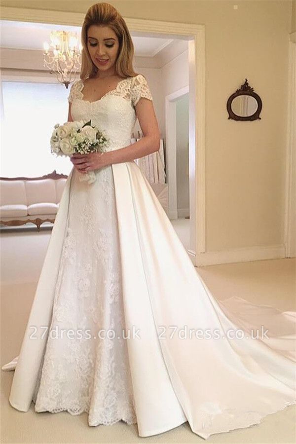 Applique Cap Straps Wedding Dresses UK Overskirt Jewel Floral Bridal Gowns