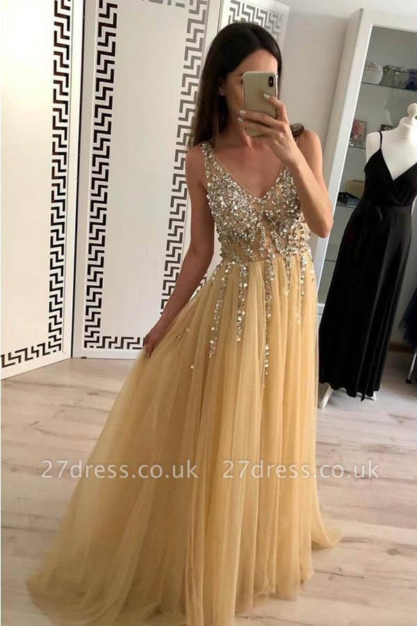 Sexy Lace Appliques Elegant V-Neck Crystal Prom Dress UKes UK Backless Sleeveless Evening Dress UKes UK