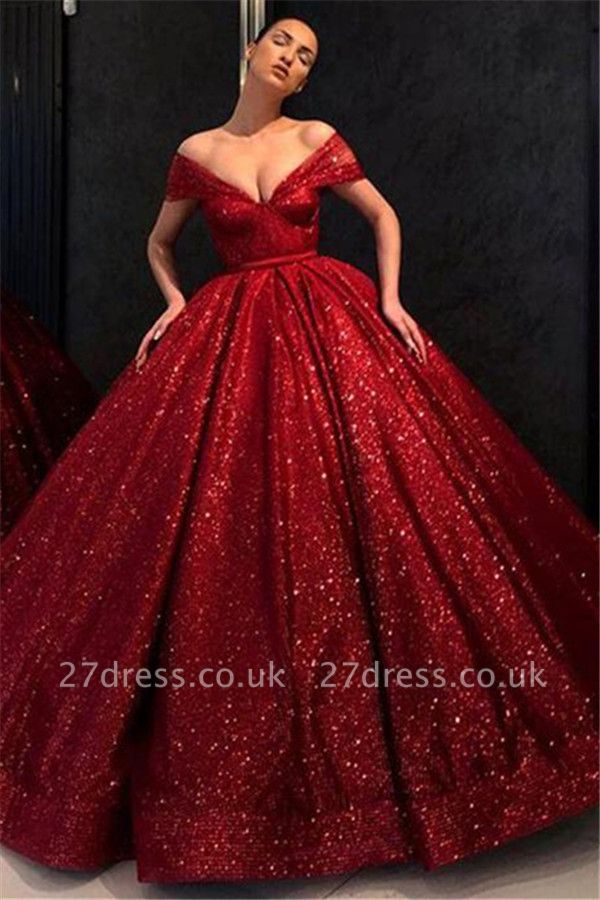 Sequins Off-the-Shoulder Lace Appliques Prom Dress UKes UK Ball Gown Sleeveless Evening Dress UKes UK