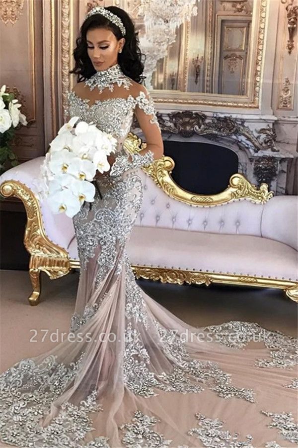 Silver Glamorous Lace Long-Sleeve Sexy Mermaid High-Neck Wedding Dresses UK BH-362