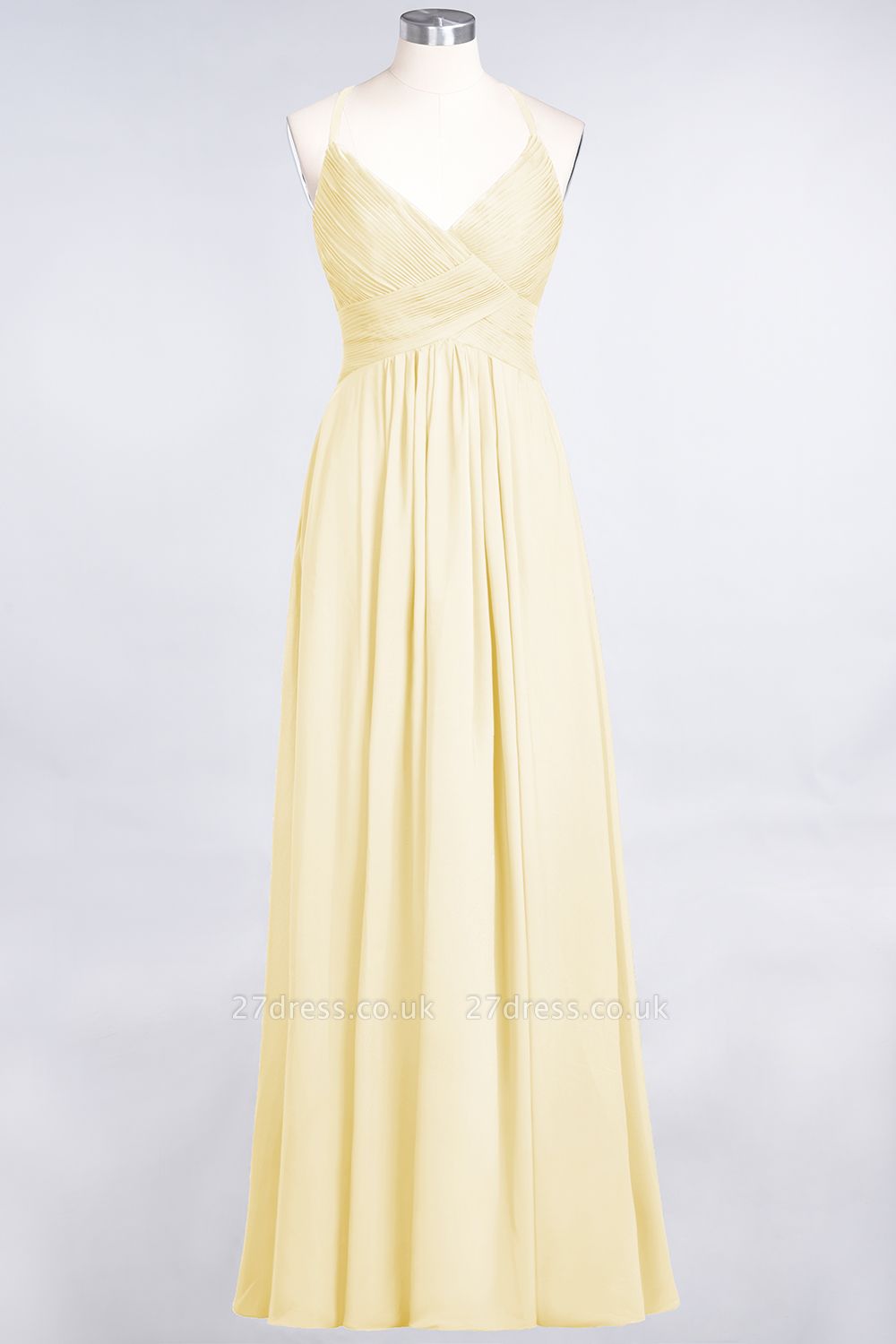 Sexy A-line Flowy Spaghetti-Straps Alluring V-neck Sleeveless Floor-Length Bridesmaid Dress UK UK with Ruffles