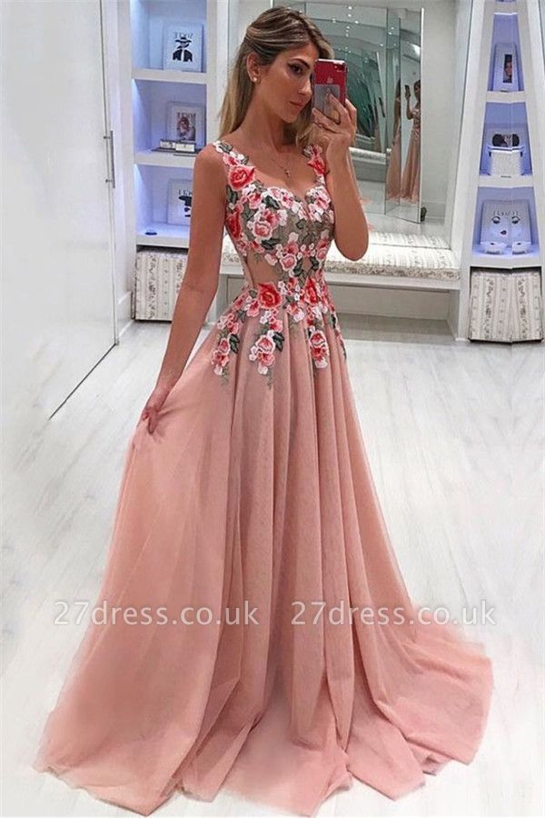 Flower Appliques Straps Simple Prom Dresses | A-Line Sleeveless Evening Dresses
