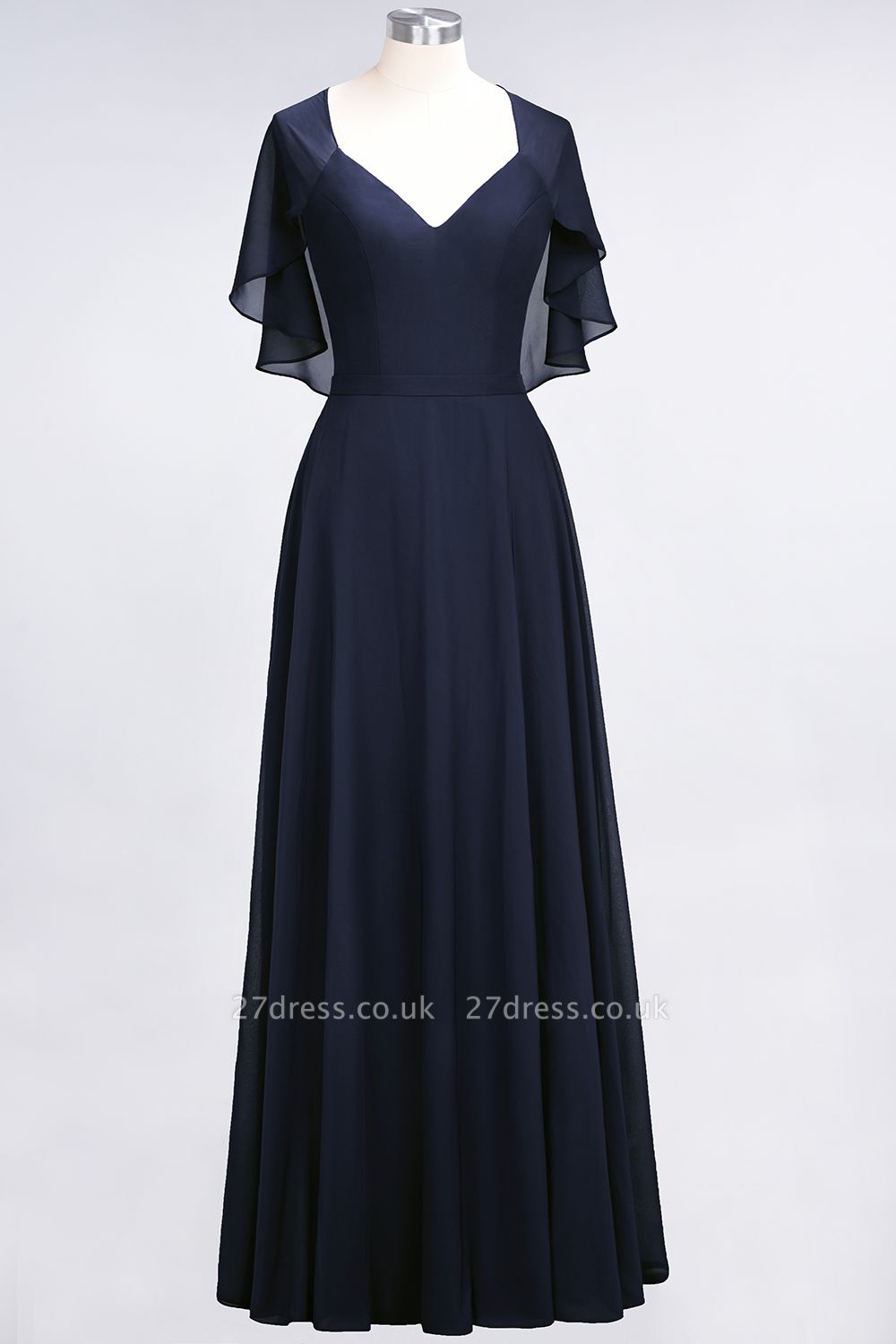 A-Line Chiffon Satin V-Neck short-sleeves Long Bridesmaid Dress UK