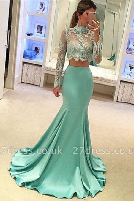 Stunning Long Sleeve Two Pieces Prom Dress UK Lace Mermaid BA3838