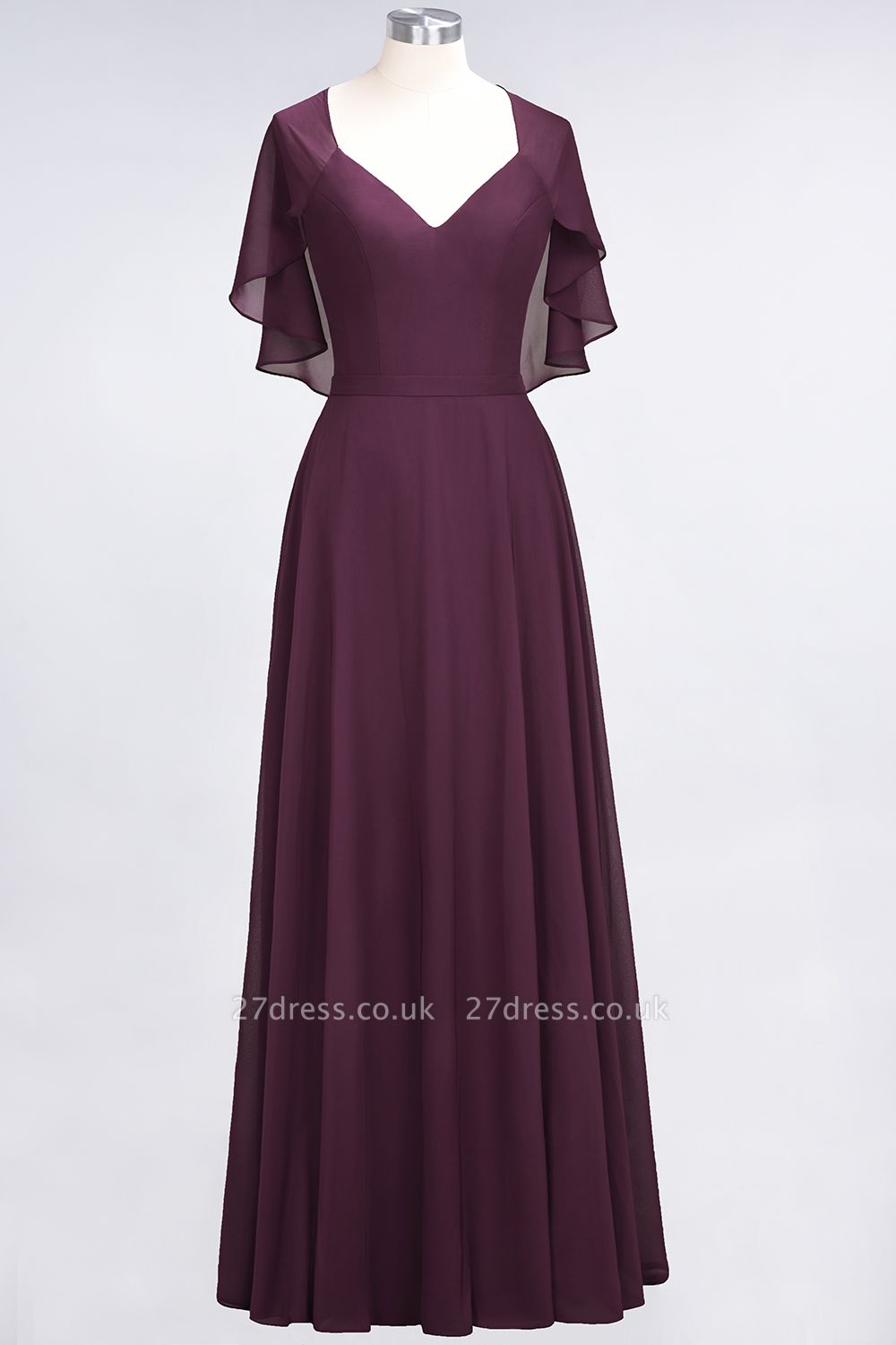 A-Line Chiffon Satin V-Neck short-sleeves Long Bridesmaid Dress UK