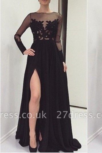 Elegant Lace Appliques Black Prom Dress UK Front Split Long Sleeve Illusion Sweep Train