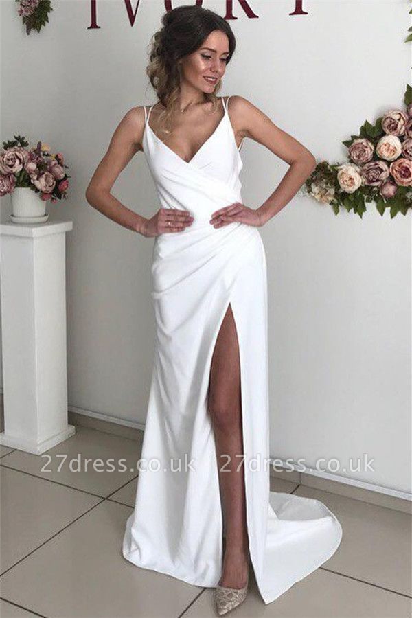 Affordable Open Back Evening Dresses UK | Spaghetti Straps Side Slit Sexy Prom Dresses