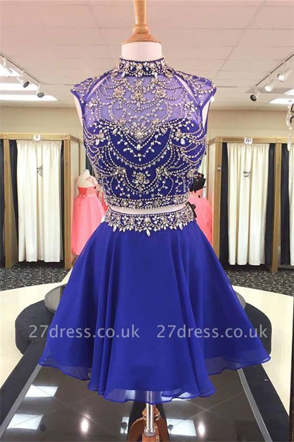 See Through Two Piece Crystals Homecoming Dresses | High Neck Beading Short Evening Dress