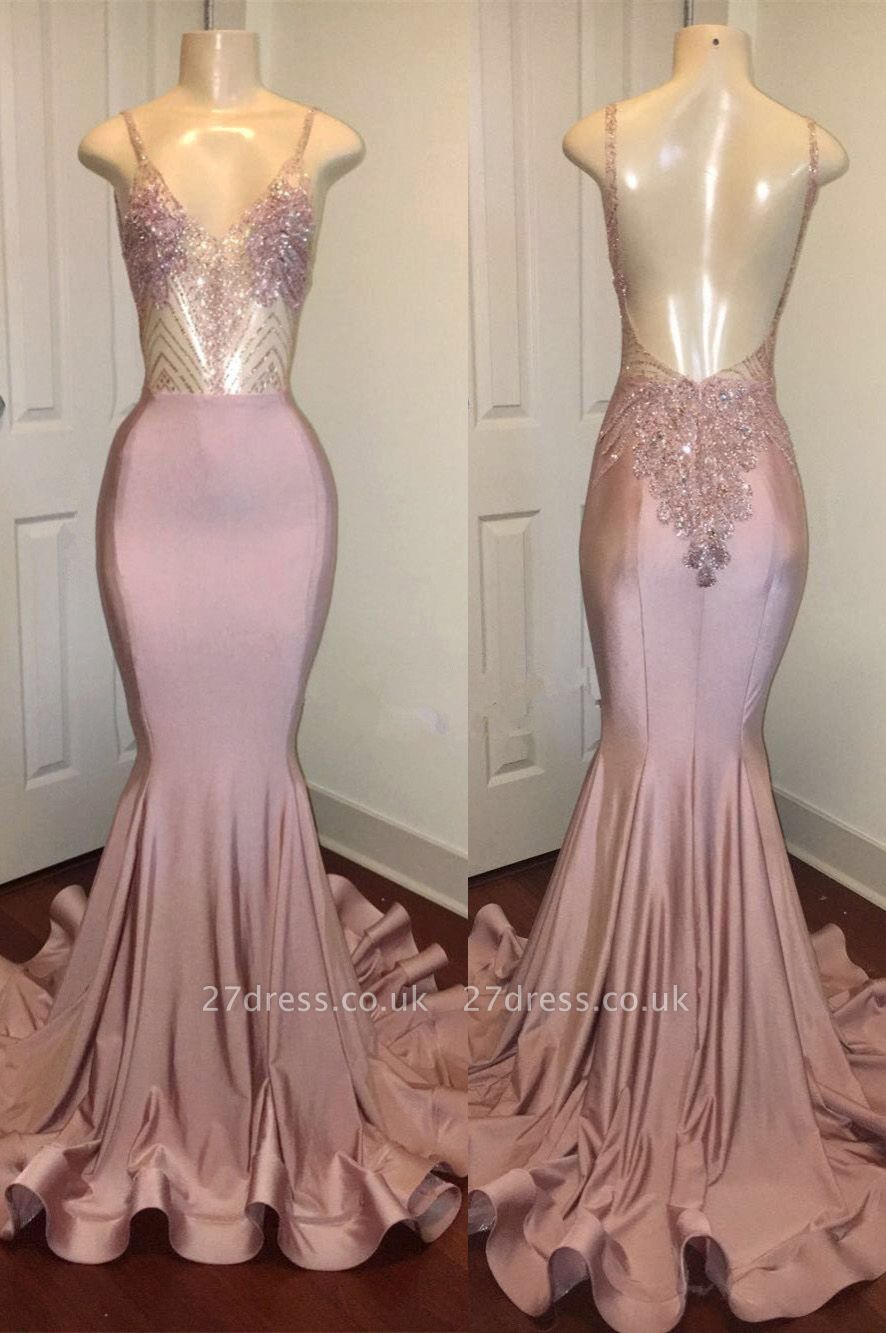 Pink Beads Spaghetti Strap Prom Dress UK | Mermaid Prom Dress UK