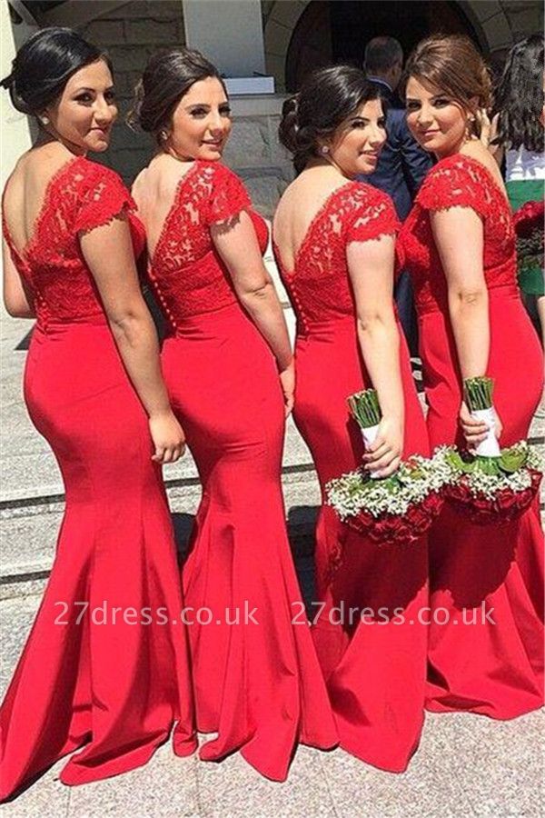 Modern V-neck Red Mermaid Bridesmaid Dress UK With Lace Appliques