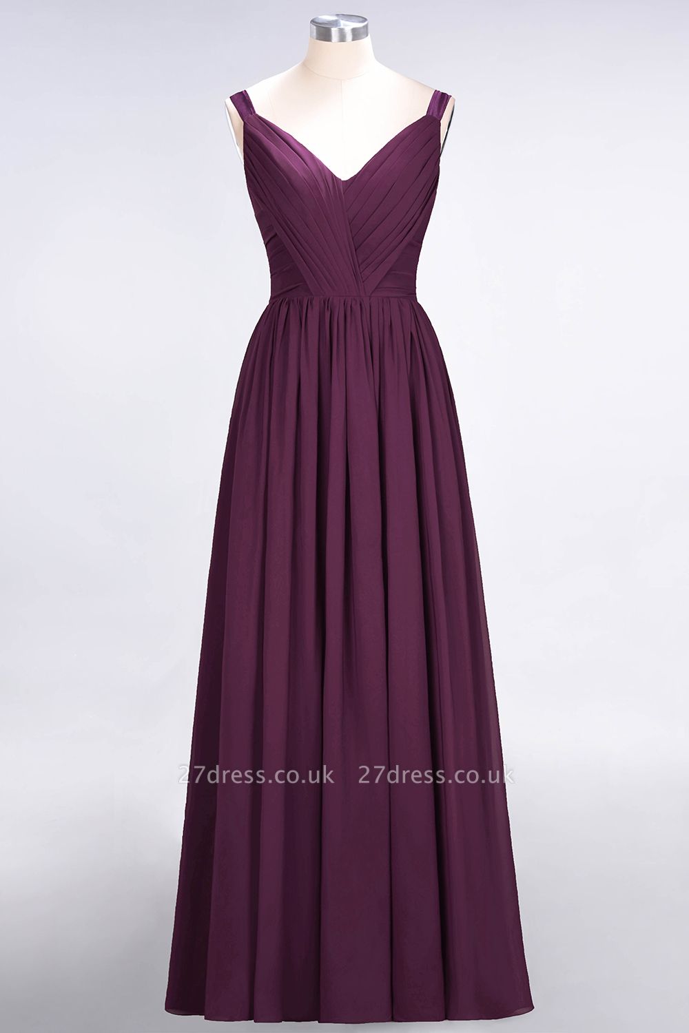 Sexy A-line Flowy Straps Alluring V-neck Sleeveless Backless Floor-Length Bridesmaid Dress UK UK with Ruffles
