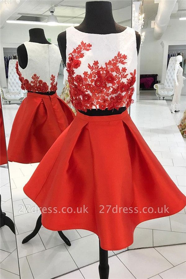 Two-Pieces Red Flowers Jewel Sleeveless Homecoming Dress